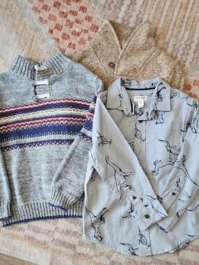3 Pack Assorted Style Boys' Sweaters & Button Up Bundle- Gray, Blue, Tan Size 5T